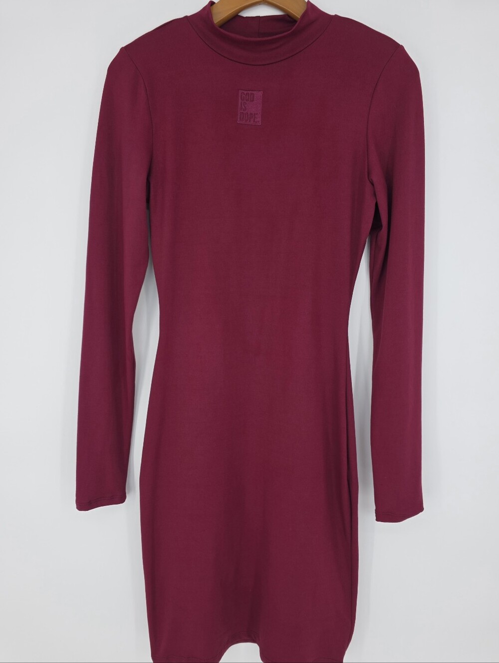 God Is Dope Burgundy Mock Neck Long Sleeve Bodycon Midi Dress Large USA